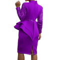 Slim Turtleneck Full Sleeve Sequined Patchwork Peplum Lady Career Dress